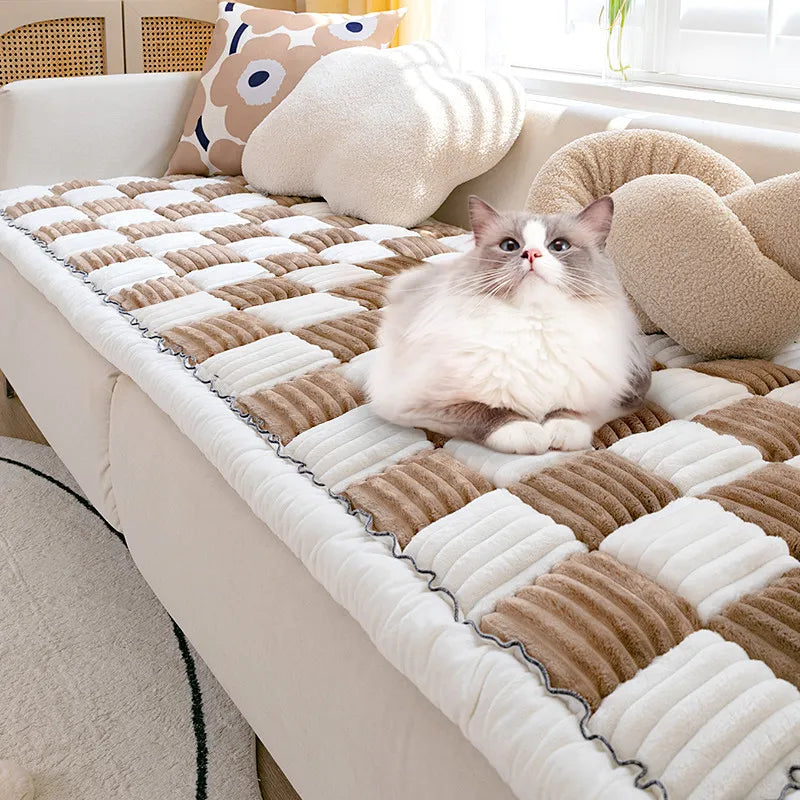 Plush Haven: Oversized Plaid Pet Sofa Cover